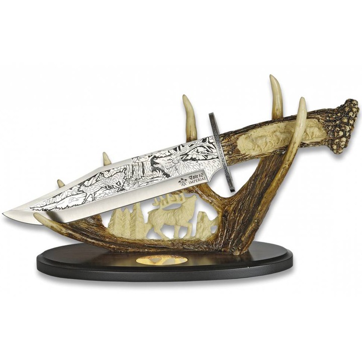 Cutit panoplie Vanatoare Imperial Albainox 31685 cu suport expunere 3D, lama gravata damasc
