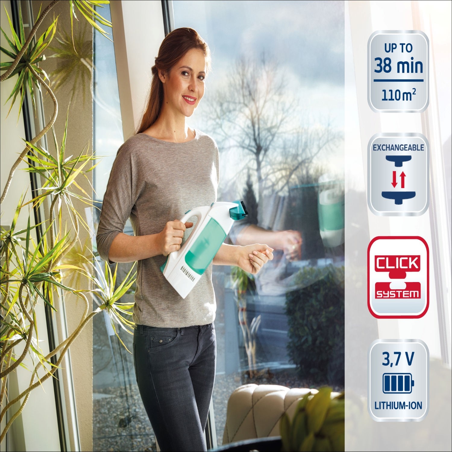 Aspirator pentru geamuri Leifheit, aspirare umeda si uscata, functia standby, sistem ciclonic, 0.1 l, 5 V, albastru