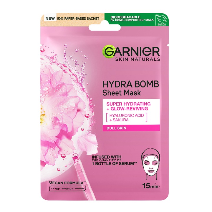 Masca servetel Garnier Skin Naturals cu Sakura si Acid Hialuronic pentru hidratare si revitalizare, 28 g