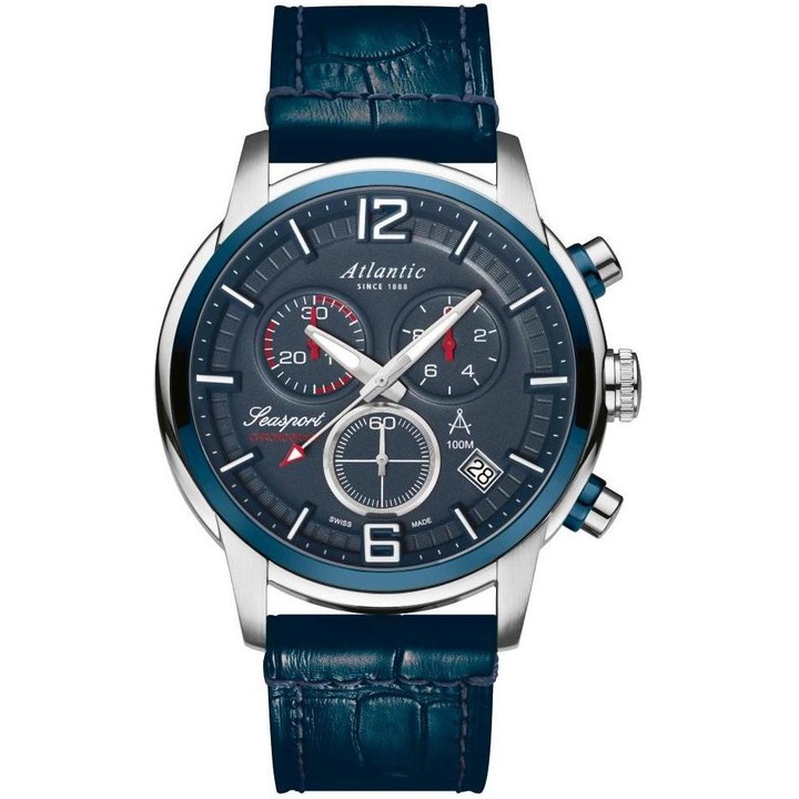 Мъжки часовник Atlantic, Неръждаема стомана/Естествена кожа, Сребрист/Син