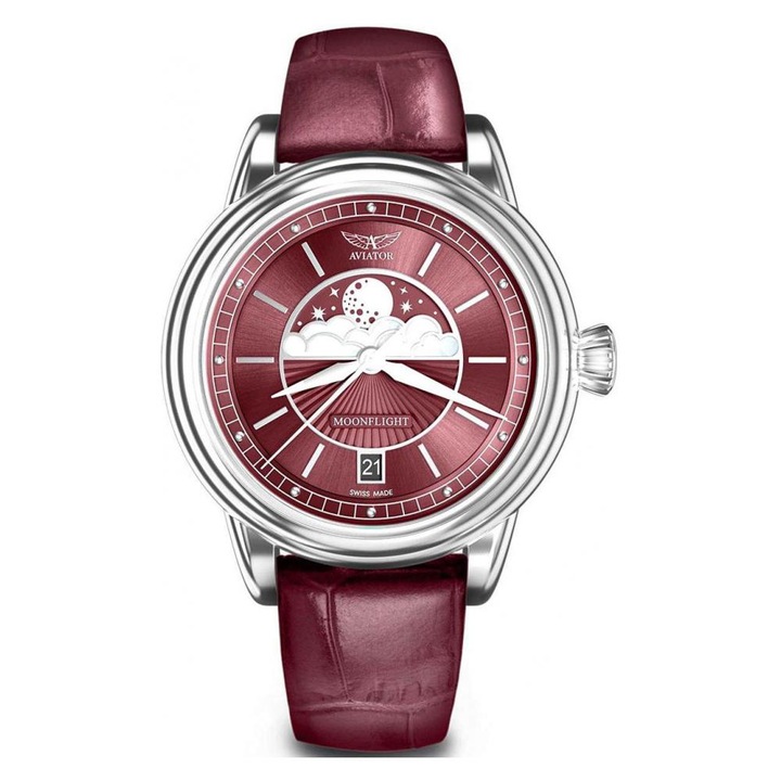 Дамски часовник Aviator, Неръждаема стомана / Кожа, Червен / Сребрист