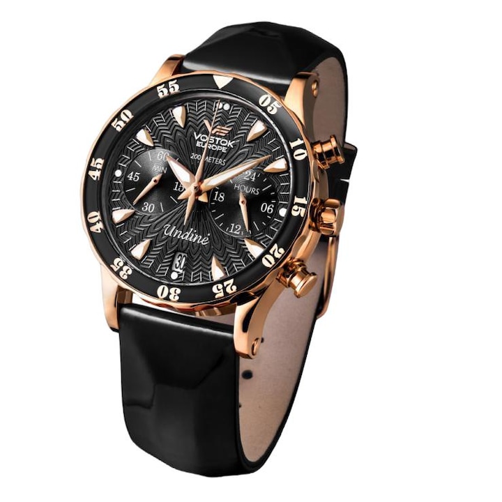 Női karóra Undine, Vostok Europe, kvarc, rozsdamentes acél/bőr, fekete/rózsa arany