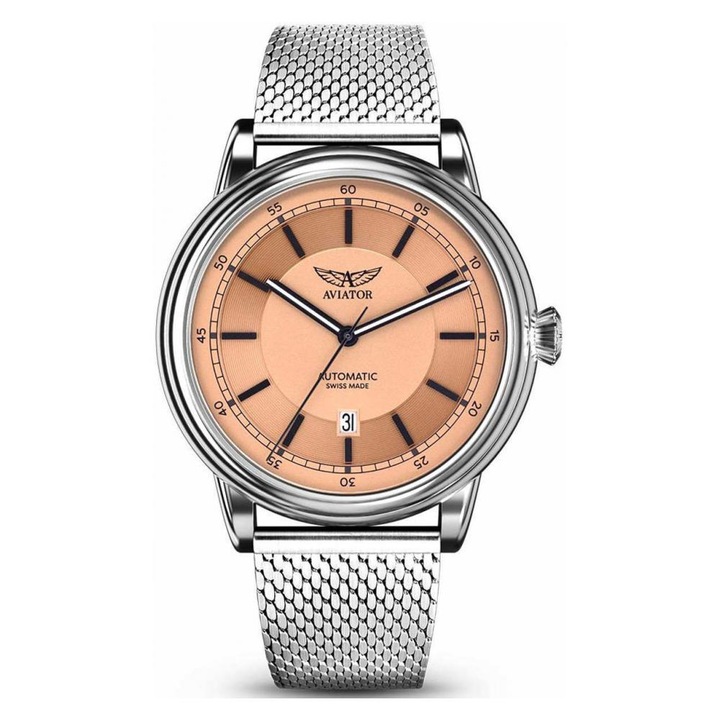 Ceas barbatesc, Aviator, Otel inoxidabil, Bej/Argintiu