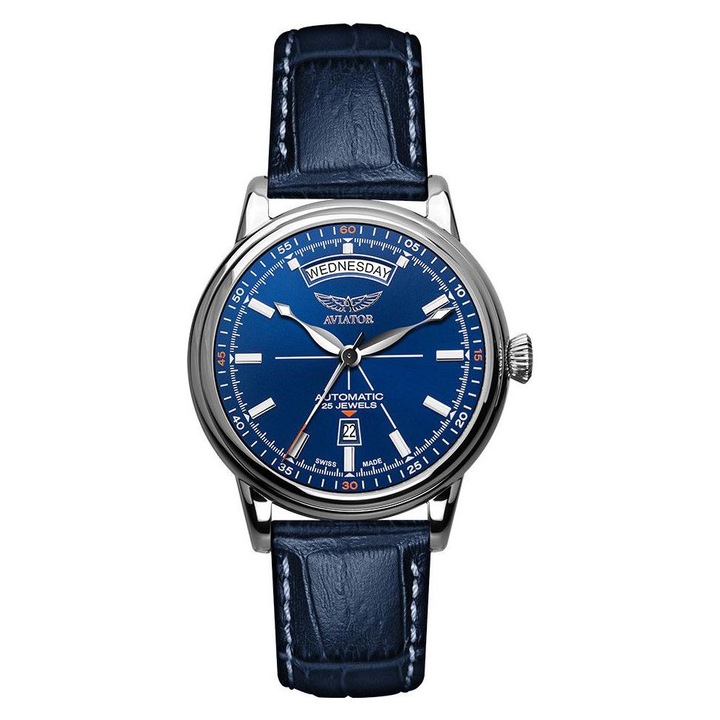 Ceas barbatesc, Aviator, Piele/Otel inoxidabil, Albastru/Argintiu