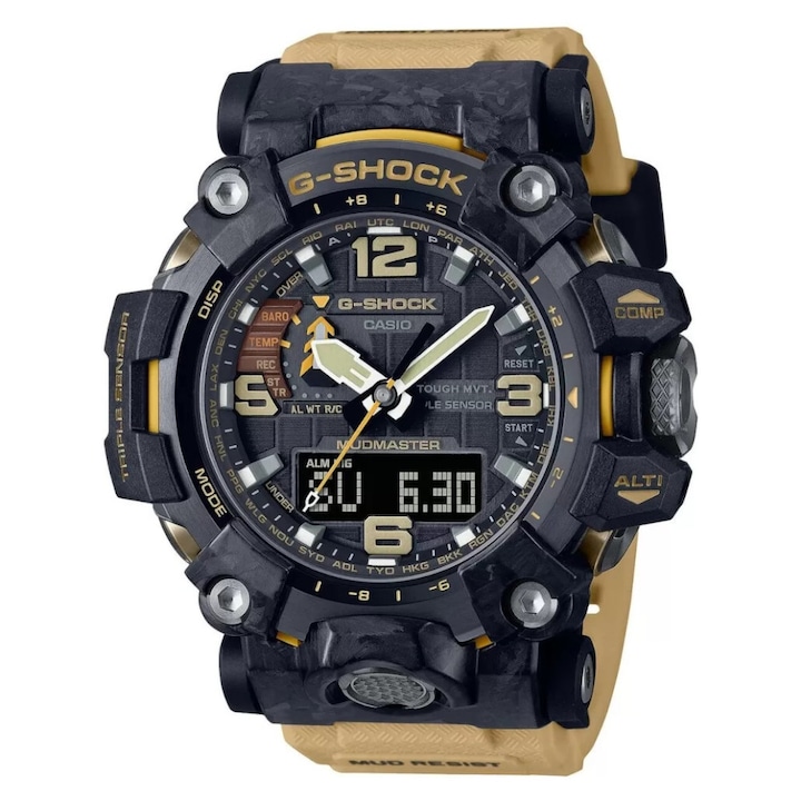 Мъжки часовник Mudmaster Carbon Core Guard, G-shock, Кварц, Инокс/пластмаса, Водоустойчив, Черен/Бежов