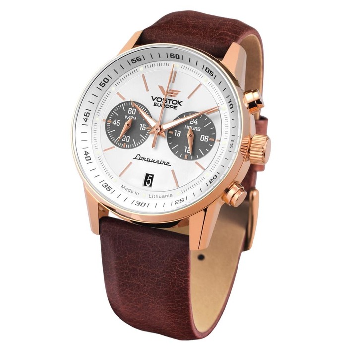 Мъжки часовник ГАЗ-14 Лимузина, Восток Европа, Кварц, Неръждаема стомана/Естествена кожа, Кафяво/Розово злато