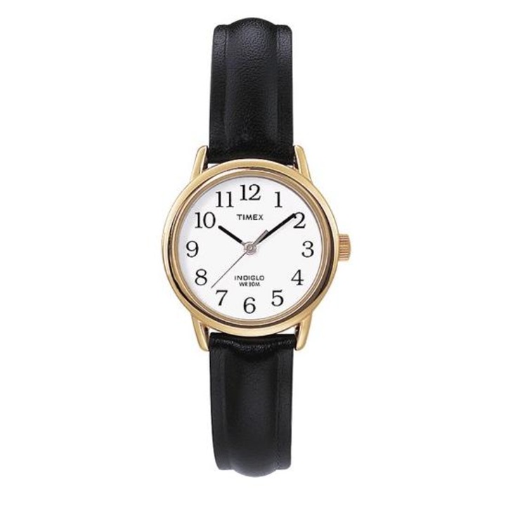 Ceas dama, Timex, Quartz, Inox/Piele naturala, Negru/Auriu