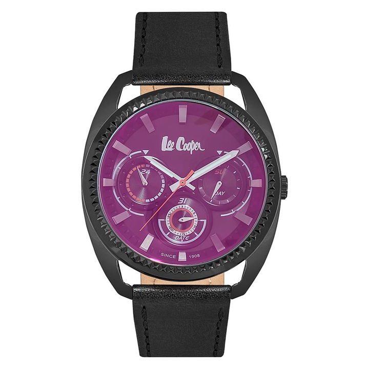 Ceas dama, Lee Cooper, Inox/Piele naturala, Mov/Negru