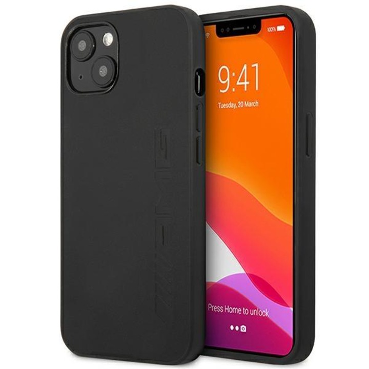 AMG AMHCP14SDOLBK Husa rigida pentru iPhone 14 de 6,1 inchi, neagra/neagra, din piele imprimata la cald