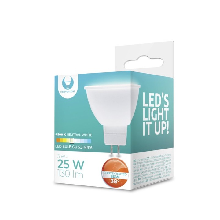 LED крушка, GU5.3, MR16, 3W, 12V, 4500K, 130lm, 38A°, Forever Light
