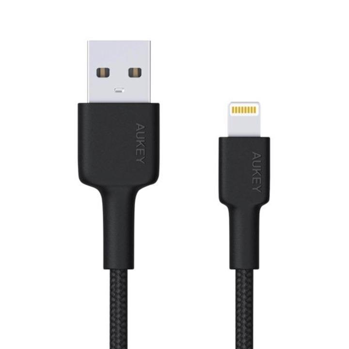 Töltő adatkábel, Aukey, Lightning to USB, Nylon, 2m, Fekete