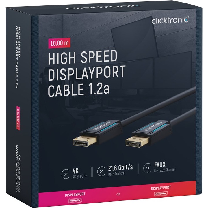 Professzionális DisplayPort kábel - DisplayPort 7.5m v1.2a 4K 60Hz 21.6Gbit/s AWG26 OFC Clicktronic 70714