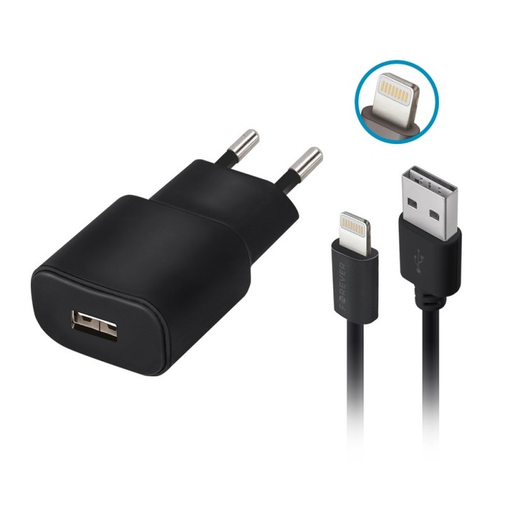 Forever USB fali töltő 1A TC-01 + kábel iPhone 8 tűs fekete