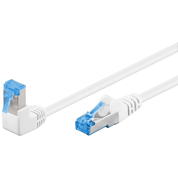 RJ45 LAN кабел, Patchcord, S/FTP, огъване 90 градуса, 3 м, бяло/синьо