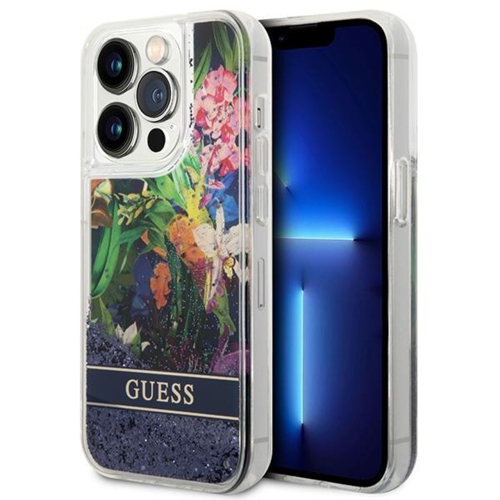 Кейс Guess GUHCP14LLFLSB за iPhone 14 Pro 6.1", син, син, твърд, Flower Liquid Glitter