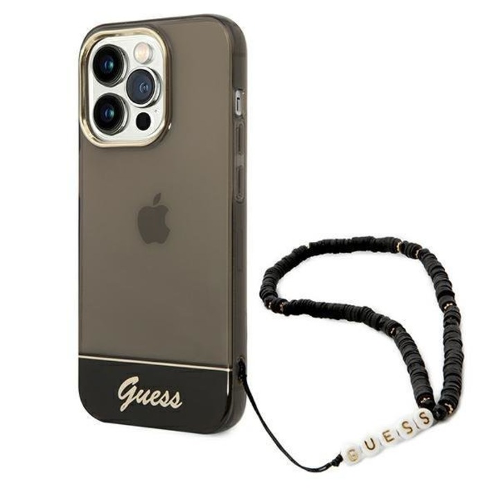 Husa Guess GUHCP14LHGCOHK compatibila cu iPhone 14 Pro, Translucent Pearl Strap, Negru / Transparent
