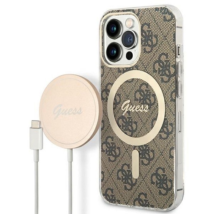 Set original GUESS GUBPP13LH4EACSW pentru iPhone 13 Pro (pachet Magsafe: carcasa + incarcator / 4G / auriu - maro)