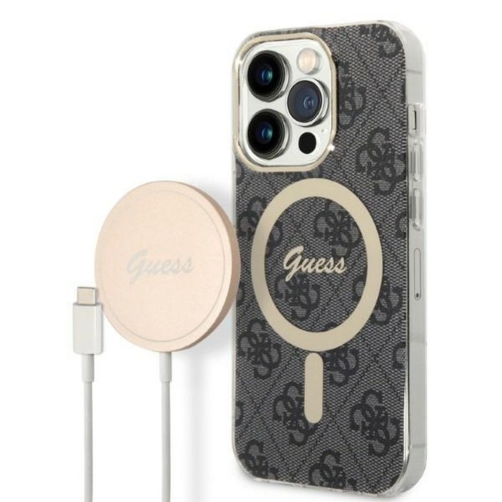 Set original GUESS GUBPP14XH4EACSK pentru iPhone 14 Pro Max (pachet Magsafe: carcasa + incarcator / 4G / auriu - negru)