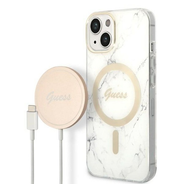 Original Set GUESS GUBPP14SHMEACSH iPhone 14 (Bundle Pack Magsafe: telefontok + Charger / IMG Marble / arany - fehér)