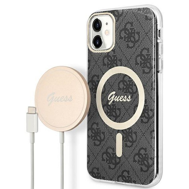 Комплект безжично зарядно устройство и кейс Guess GUBPN61H4EACSK за iPhone 11 6.1", черен, черен, твърд, съвместим с MagSafe, 4G Print