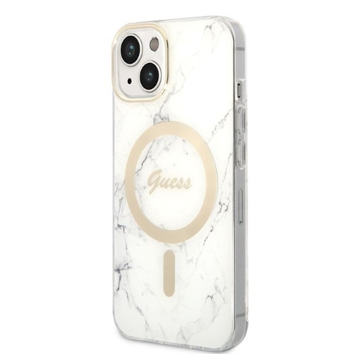 Original Set GUESS GUBPP14SHMEACSH iPhone 14 (Bundle Pack Magsafe: telefontok + Charger / IMG Marble / arany - fehér)
