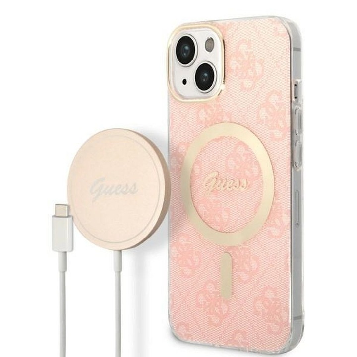 Set original GUESS GUBPP13XH4EACSP pentru iPhone 13 Pro Max (pachet Magsafe: husa + incarcator / 4G / auriu - roz)