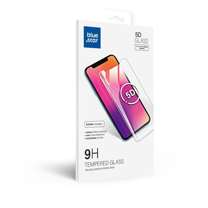 Folie Sticla Securizata Blue Star pentru iPhone 15 Pro Max, Full Glue, Full Screen, Duritate 9H, Margini Rotunjite, Transparenta