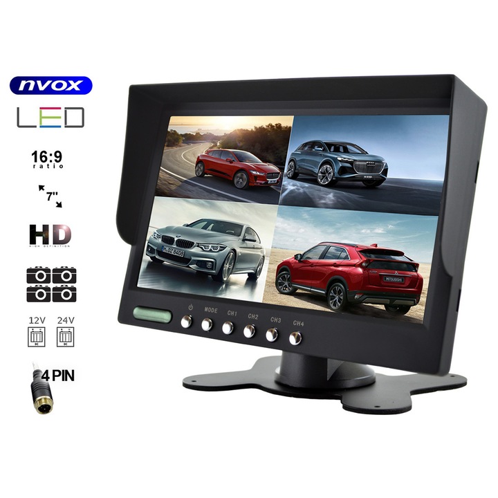 Autós monitor, LCD képernyő, HD, 7 hüvelykes, fekete
