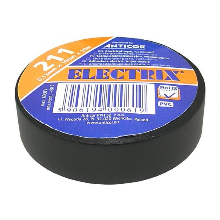 Electrix 211 PVC szalag, fekete, 19 mm x 20 m / 10 db.