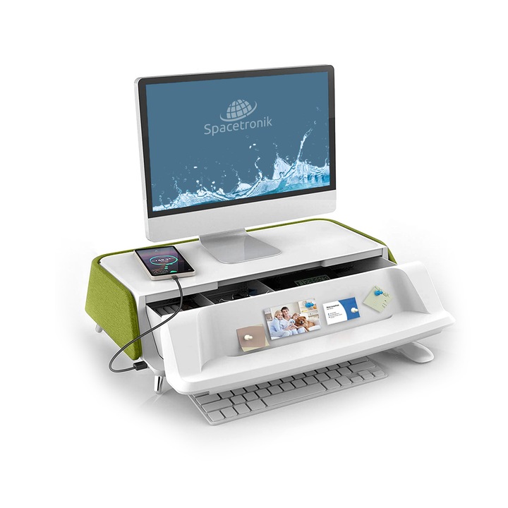 Monitor állvány UV lámpával és USB porttal, Spacetronik, 551 x 345 x 135 mm, Maximális tömeg 10 kg, zöld/fehér