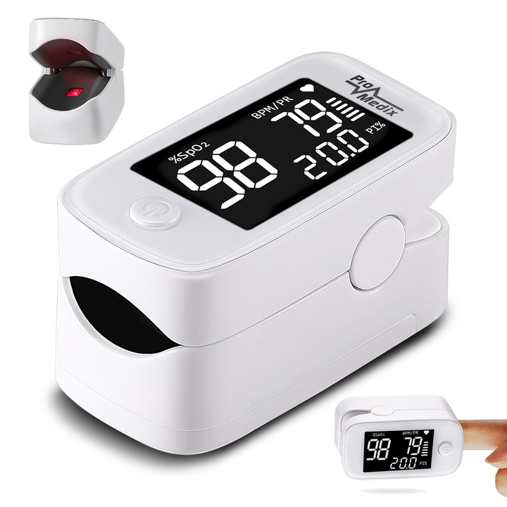 Медицински пулсоксиметър PR-870, Promedix, LED дисплей, 25-50 mA, 57 x 30 x 31 mm, бяло/черно