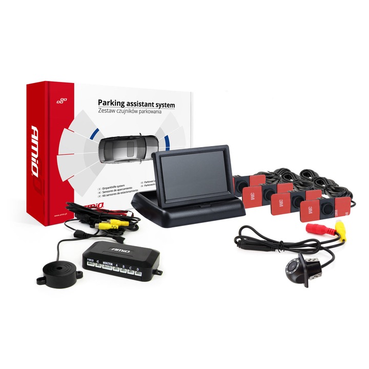 Set senzori parcare interni negri cu display LCD 4.3", camera marsarier si avertizor sonor