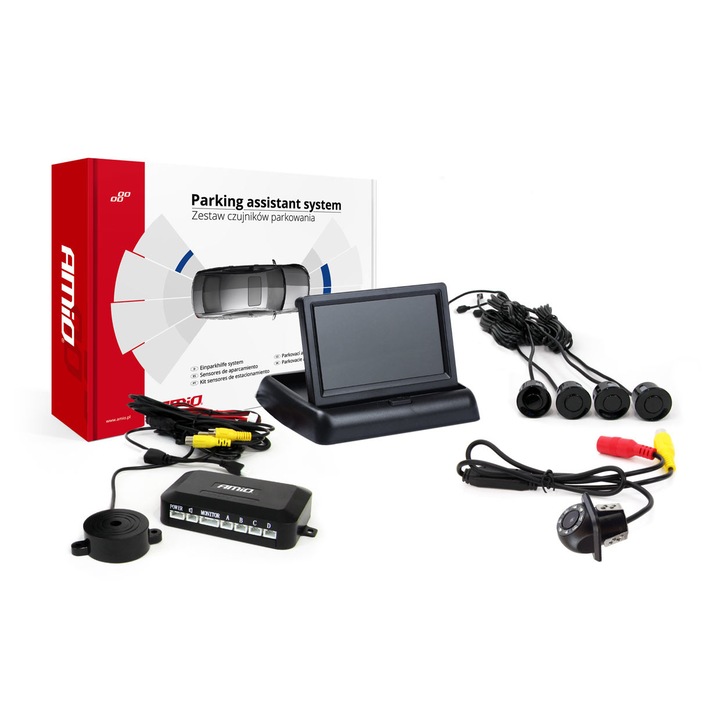 Set senzori parcare negri cu display LCD 4.3", camera marsarier si avertizor sonor