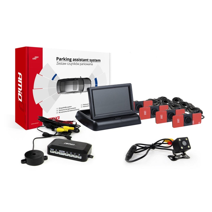 Set senzori parcare, AMIO, TFT02 4.3", cu camera HD-315-LED, 4 senzori interni, Negru