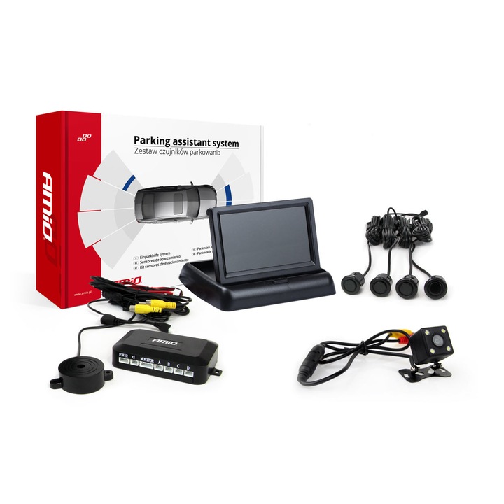 Set senzori parcare, AMIO, TFT02 4.3", Cu camera HD-315-LED, 4 senzori negri "GOLD"