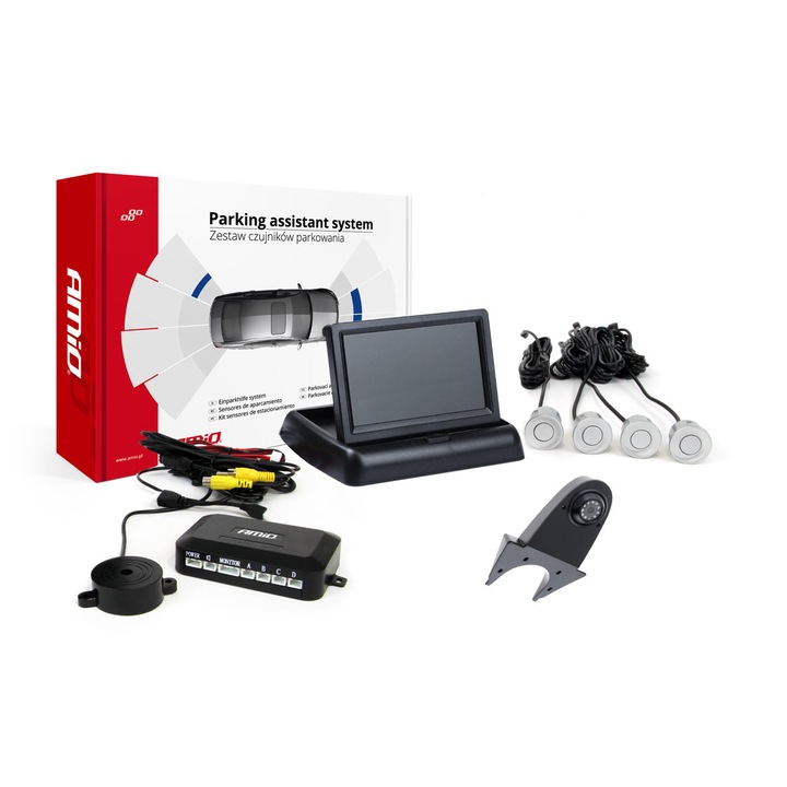 Set senzori parcare, TFT02 4.3", Cu camera HD-502-IR, 4 senzori, Argintiu