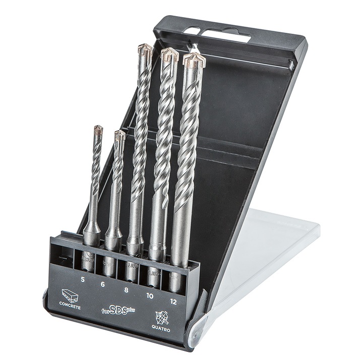 Set burghie pentru beton SDS Plus, Quatro, Ø 5, 6 x 110 mm + Ø 8, 10, 12 x 160 mm, 5 buc
