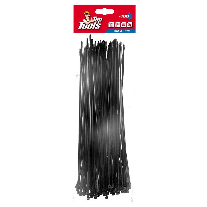100 db kábelkötegelő készlet, Top Tools, 3.6 x 300 mm, fekete