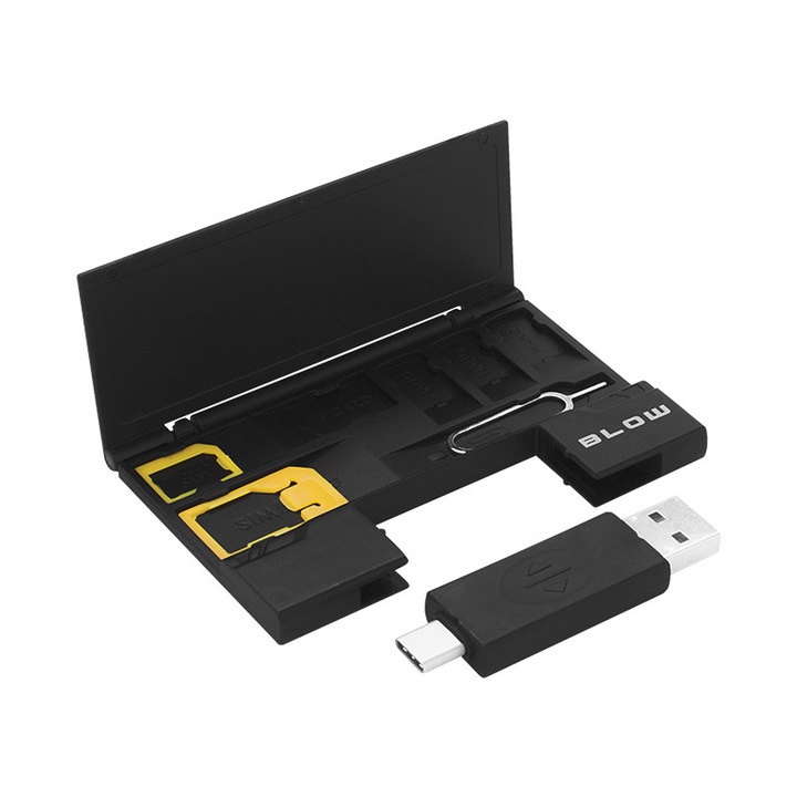 Set organizator pentru carduri SIM si adaptoare, Blow, 5.5 x 8.5 x 0.5 cm, Negru