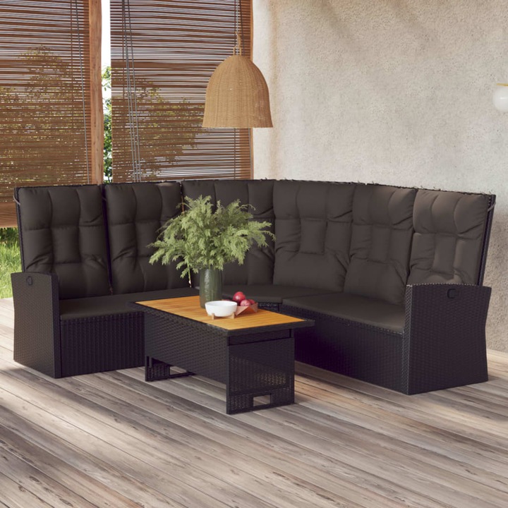 Canapea, vidaXL, Ratan, 186 x 215 x 81 cm, Negru