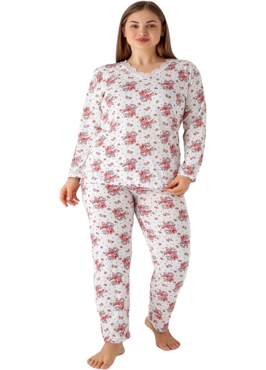 Pijama dama, StarFashion, 2 piese, marimi mari, bluza si pantalon lung, imprimeu floral, cu dantela, Rosu