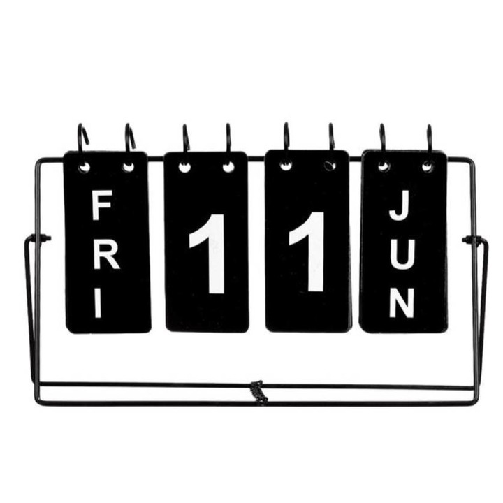 Calendar metalic pentru birou, cu 4 cartonase pentru zi, data si luna, negru, 27x16 cm