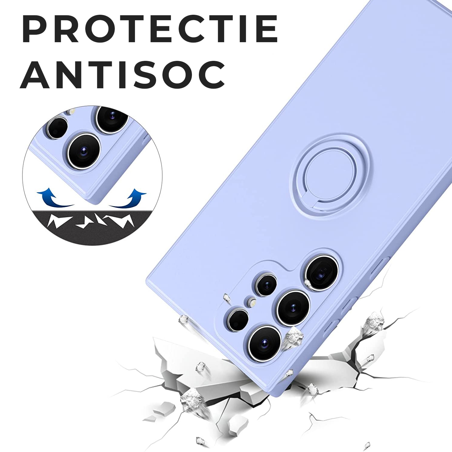 Husa DaDen cu inel rotativ 360 pentru Samsung S23 Ultra, Silicon Premium, Camera Protection, Antisoc, Mov
