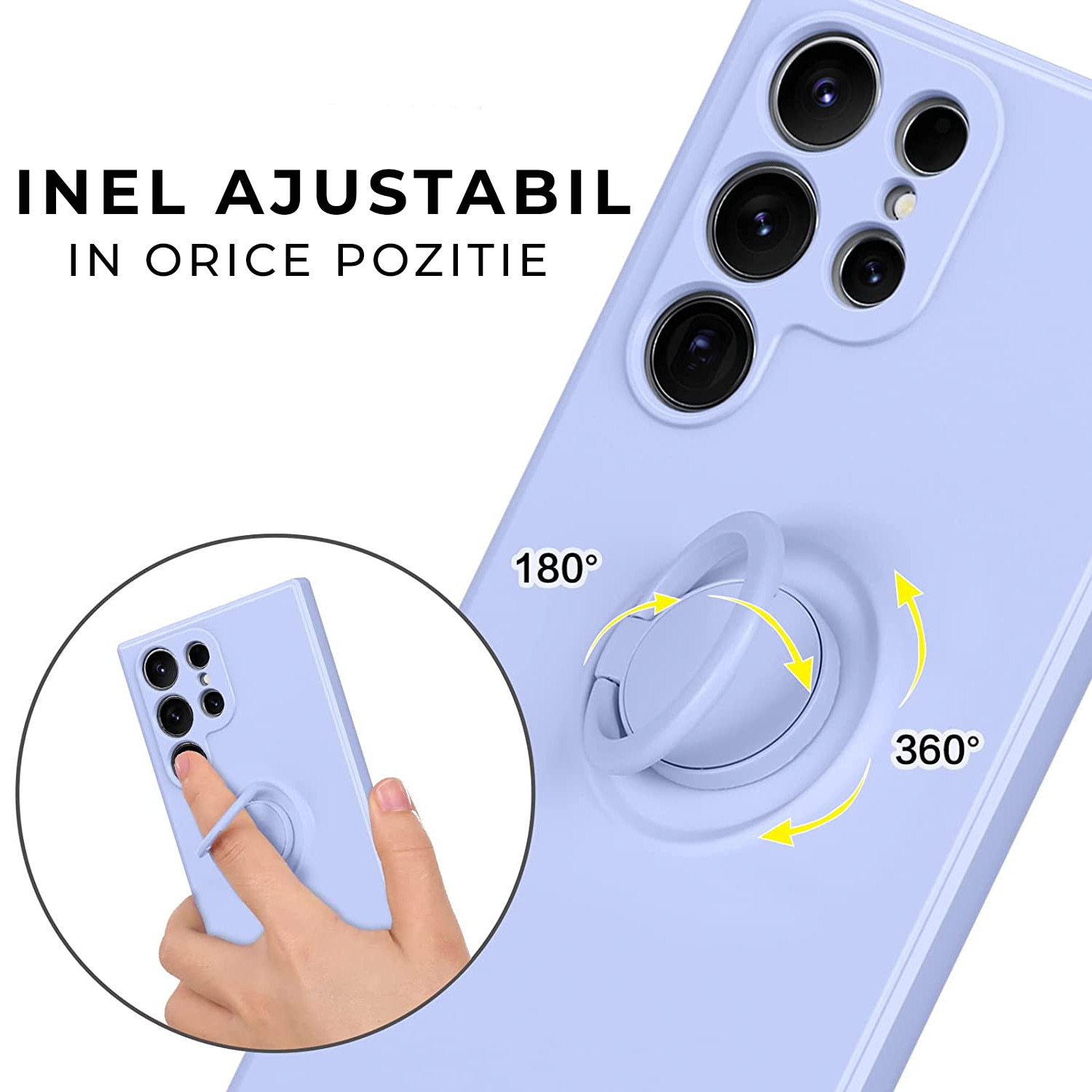 Husa DaDen cu inel rotativ 360 pentru Samsung S23 Ultra, Silicon Premium, Camera Protection, Antisoc, Mov