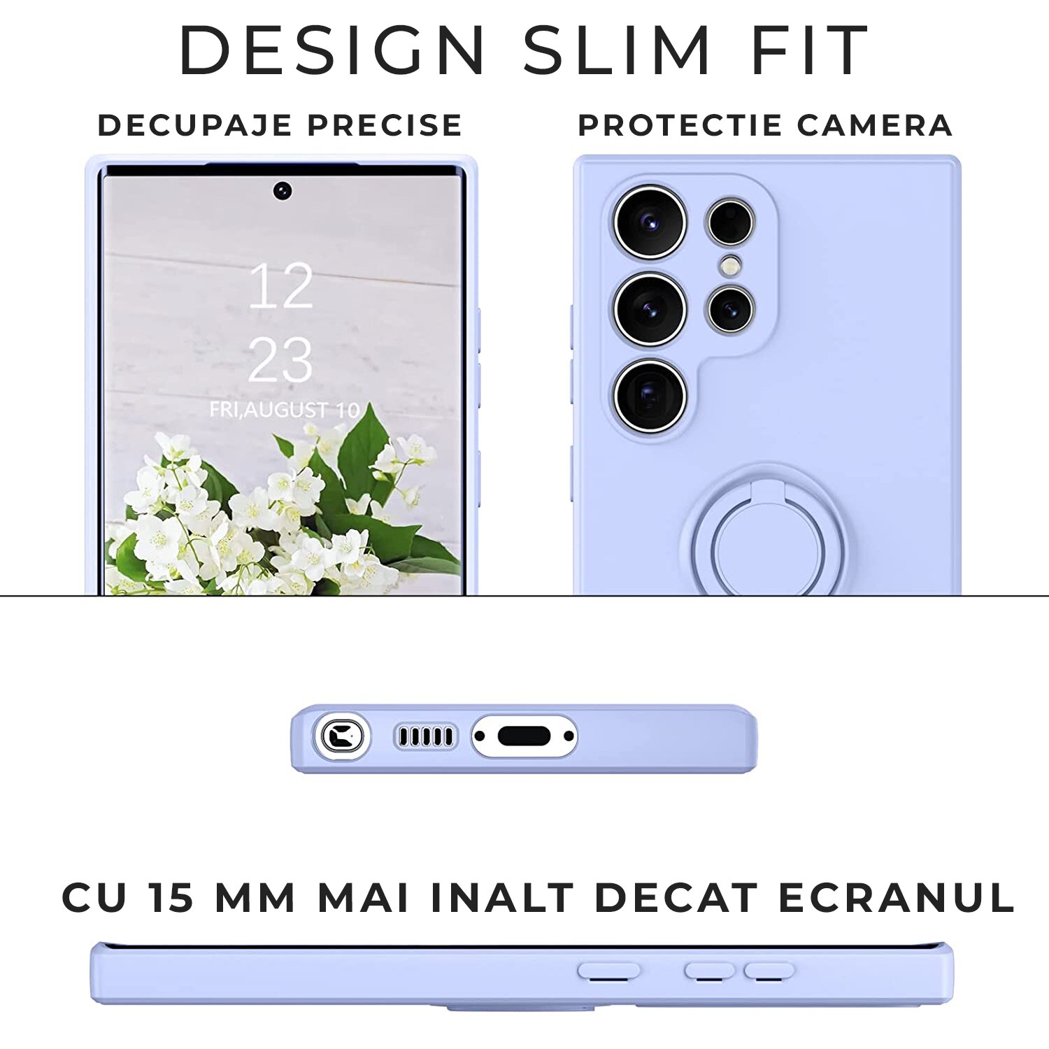Husa DaDen cu inel rotativ 360 pentru Samsung S23 Ultra, Silicon Premium, Camera Protection, Antisoc, Mov