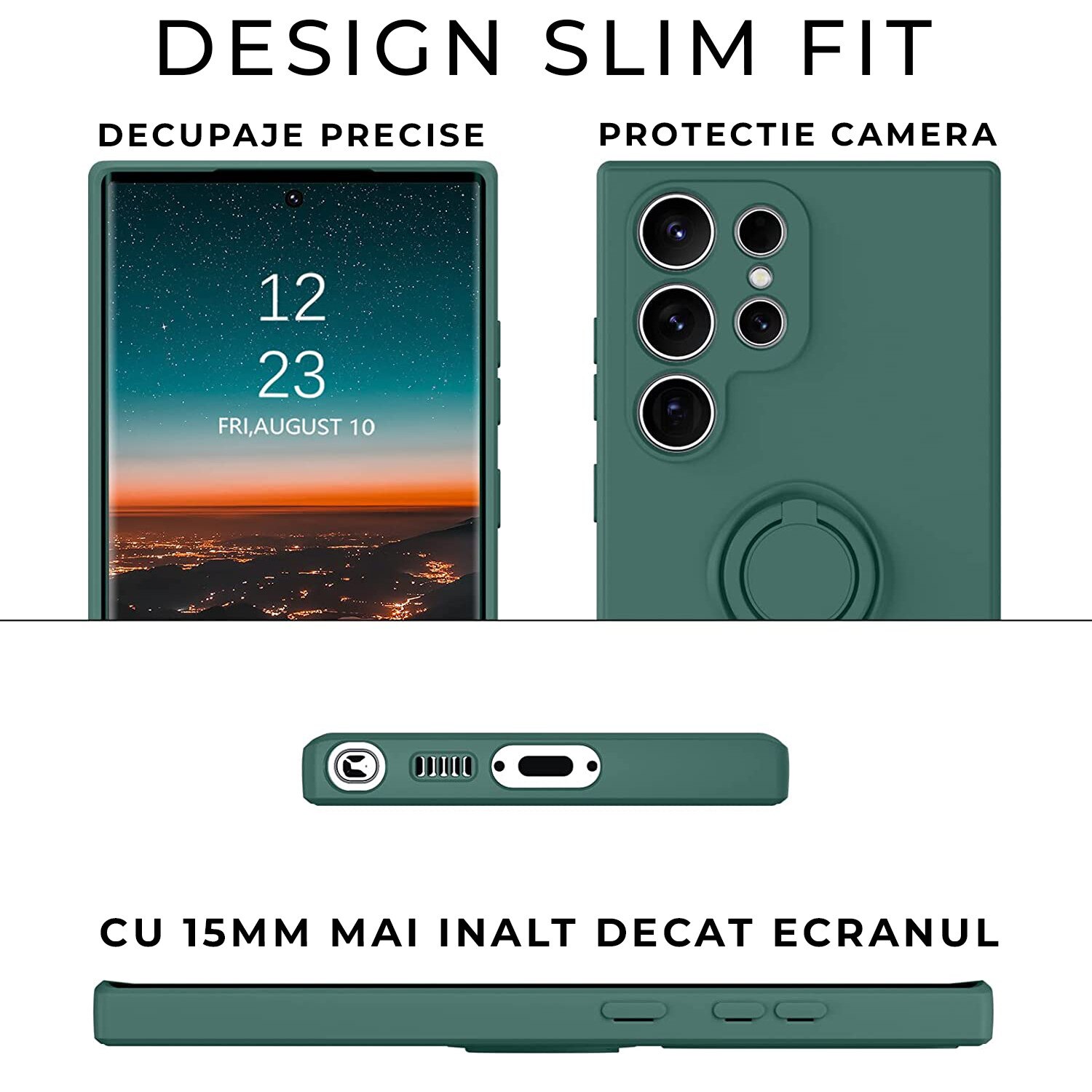Husa pentru Samsung S24 Ultra DaDen cu inel rotativ 360, Silicon Premium, Camera Protection, Antisoc, Verde