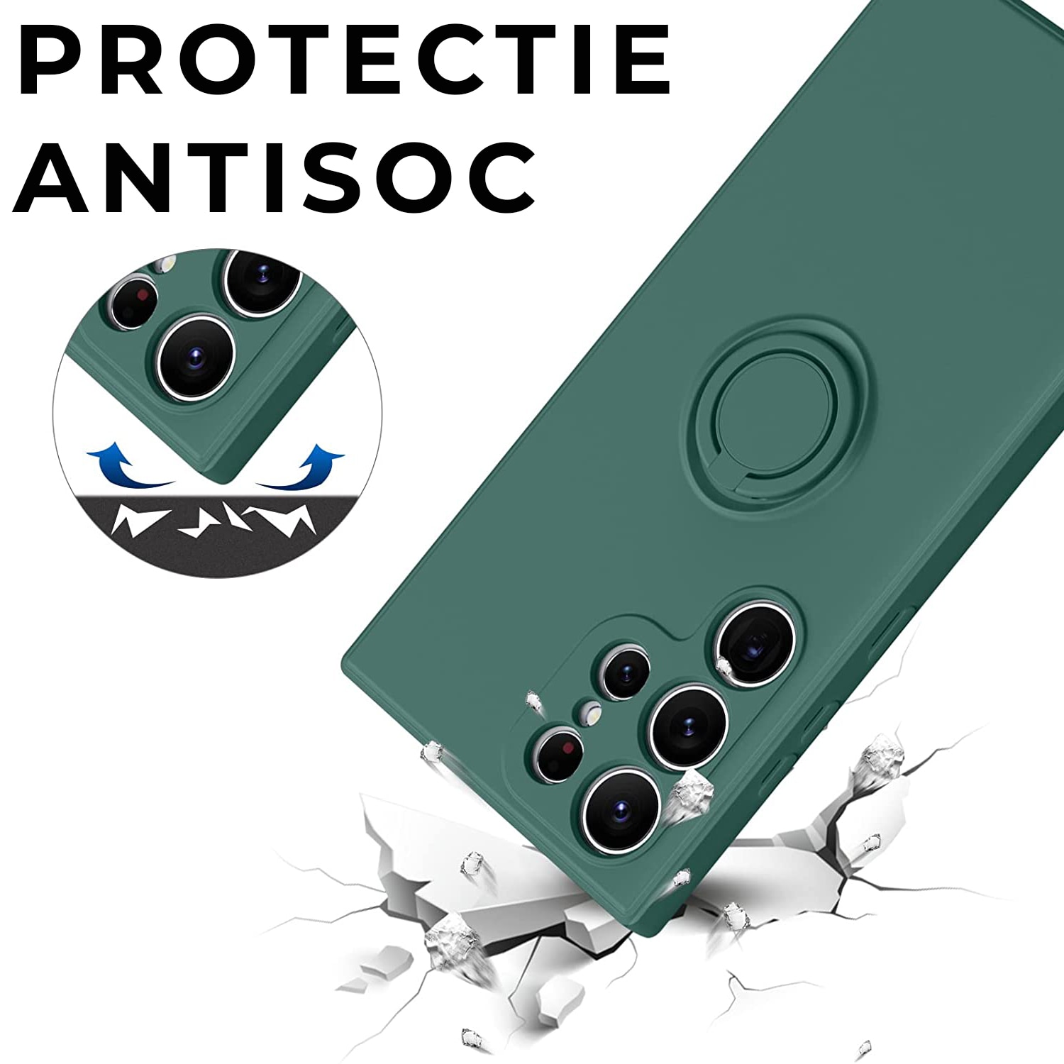 Husa pentru Samsung S24 Ultra DaDen cu inel rotativ 360, Silicon Premium, Camera Protection, Antisoc, Verde