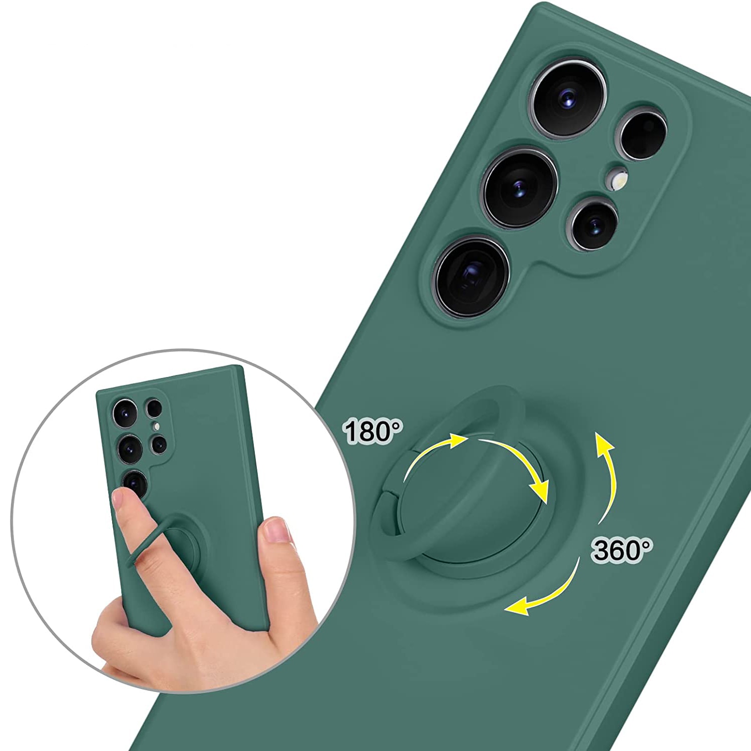 Husa pentru Samsung S24 Ultra DaDen cu inel rotativ 360, Silicon Premium, Camera Protection, Antisoc, Verde