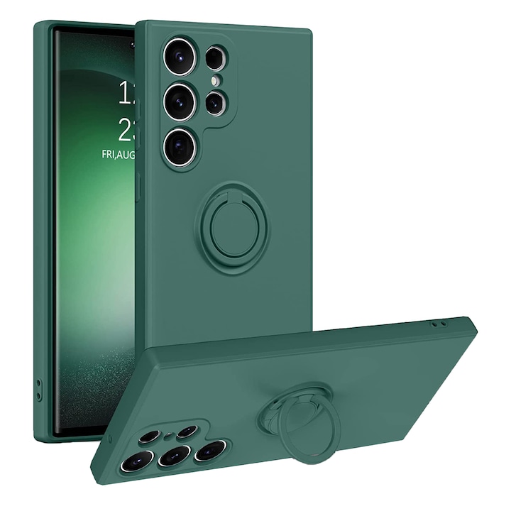 Husa pentru Samsung S24 Ultra DaDen cu inel rotativ 360, Silicon Premium, Camera Protection, Antisoc, Verde inchis