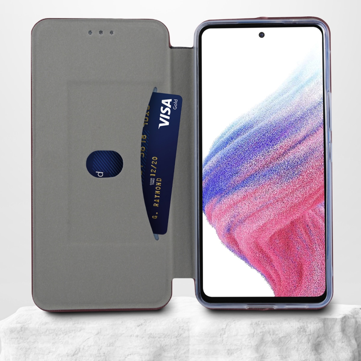 Husa pentru Samsung A35 5G de protectie Tip carte DaDen®, Suport card, Functie de Stand si Inchidere Magnetica, Protectie Sporita, Visiniu